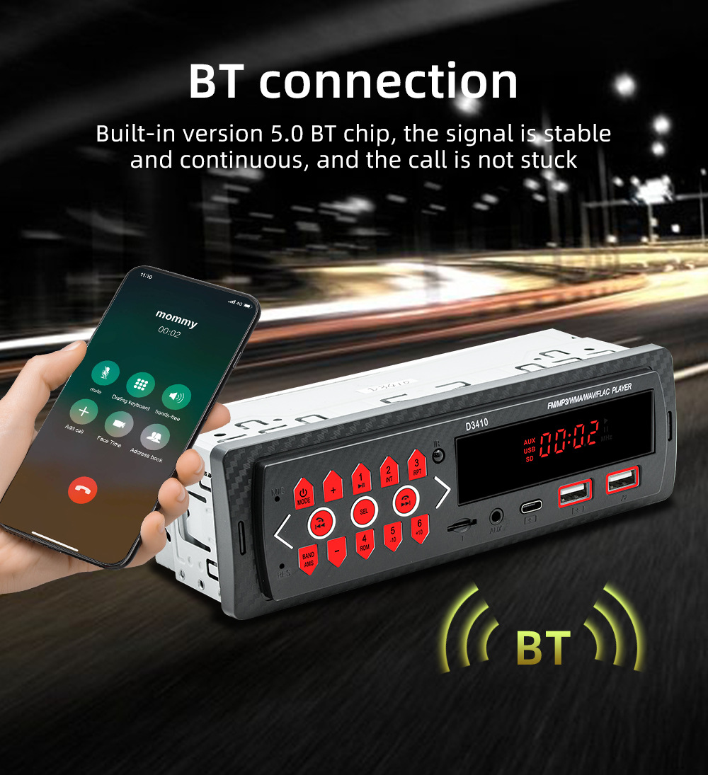 D3410 Red Light Short Model Single Spindle Dual USB Car Bluetooth Mp3 Player Fm Radio 12V Dropshipping