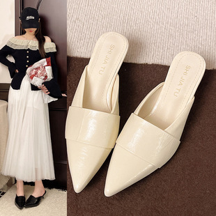 French Style Baotou Half Slippers Women's Shoes Outer Wear 2025 New Summer Fashion Pointed Toe Black High Heel Sandals