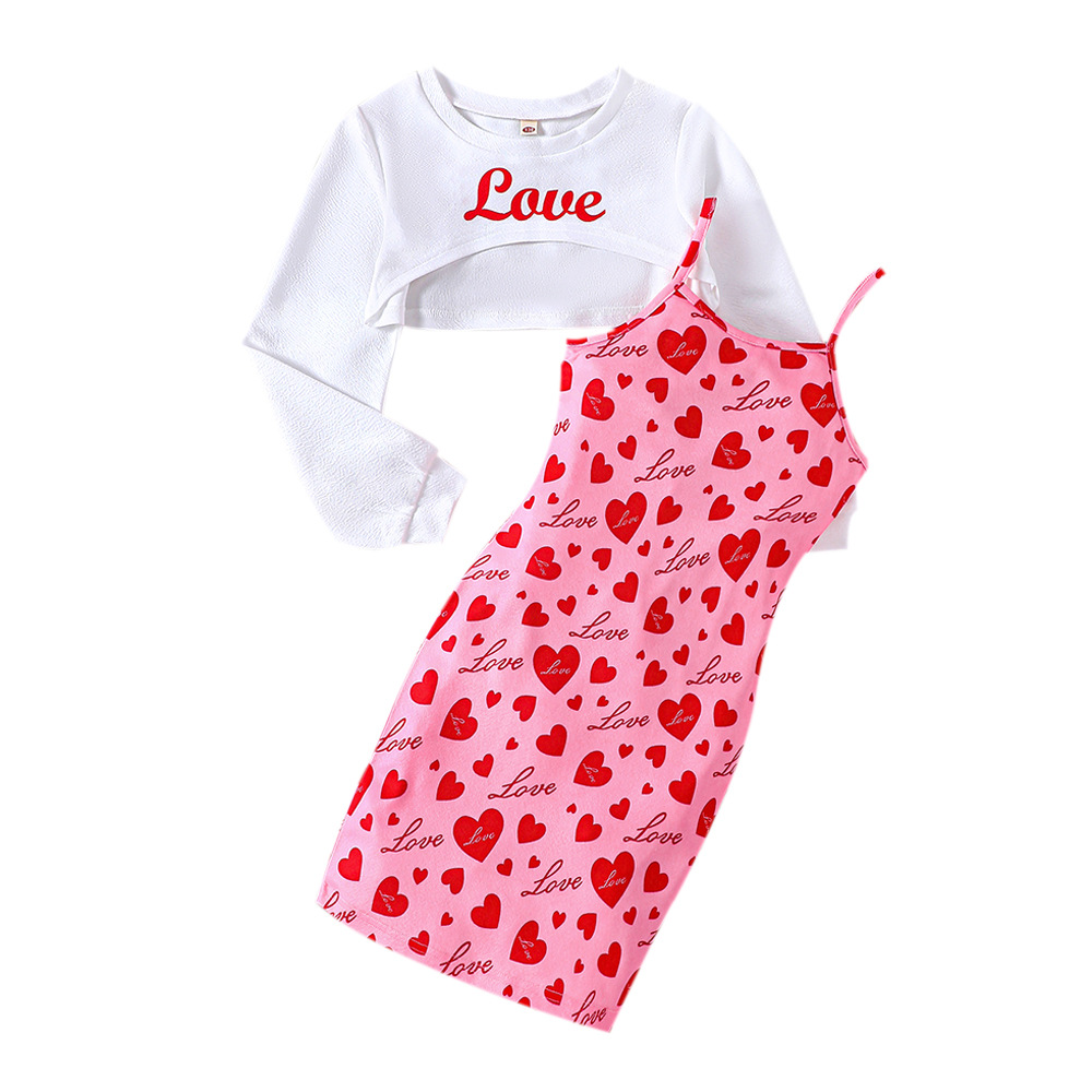 EW Abbigliamento per bambini Primavera/Estate Nuovo Top corto per bambini di taglia media e grande e bambine, Set gonna con spalline Love DTZ1012-D_voghion.com