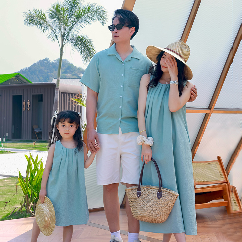 Cyber Celebrite Parin-Child Suit dress Seaside Vacation High-Style Beach Mother-Daughter Long Dress Couple's Shirt Children's Wear Short Sleeve