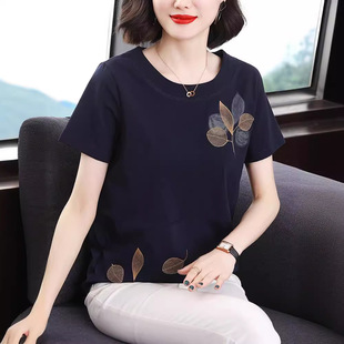 Pure Cotton Short-sleeved T-shirt Female Mother's Summer 2024 New Middle-aged and Elderly Loose plus size Western Style Top Half-sleeved Shirt