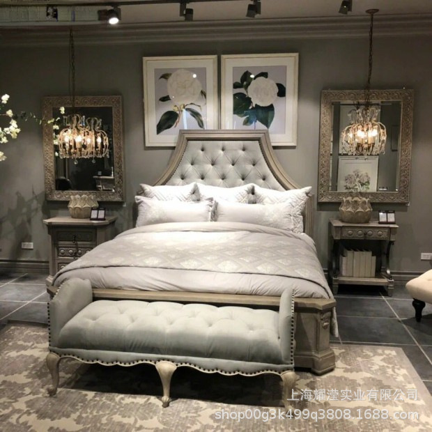 Spot American ART Building Revival Solid Wood Bed French Retro Distressed Carved Double Bed Master Bedroom Fabric Wedding Bed