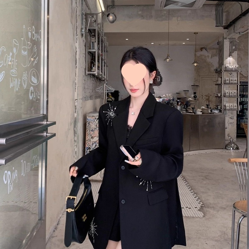 西装黑色外套女2025春秋新款小众设计感重工镶砖宽松设计西服|undefined