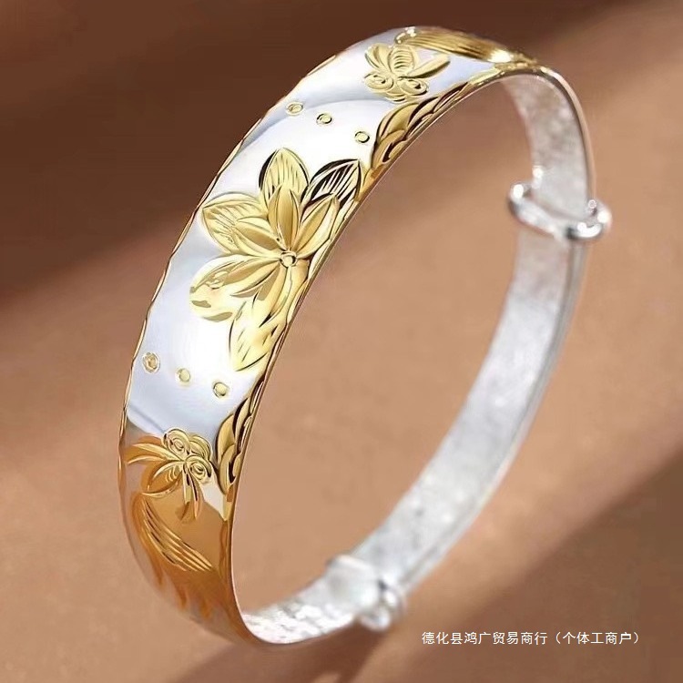 万足银9999纯银手镯送妈妈款银饰鎏金双鱼戏莲银镯子母亲节礼物