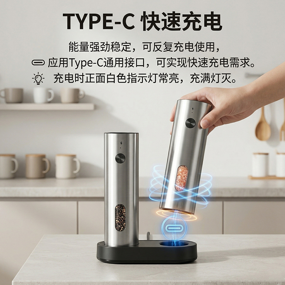 Molino transfronterizo polvo doméstico LED inalámbrico eléctrico de acero inoxidable de larga duración molino de sal y pimienta ultrafino