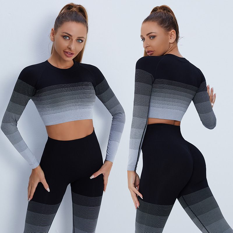 Conjunto deportivo de manga larga y pantalones largos de estilo europeo y americano, con degradado, para fitness, correr y yoga, pantalones de compresión de manga larga.