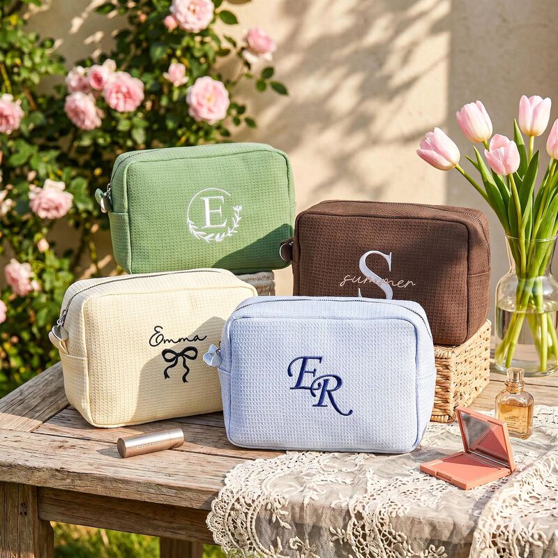Amazon Etsy Personalized Embroidered Custom Logo Waffle Makeup Bag Large Capacity Travel Toiletry Storage Bag