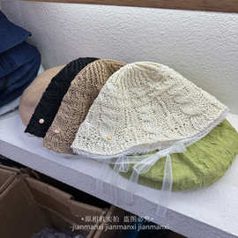 镂空纯色水桶帽子女春夏季绑带小清新文艺针织帽显脸小遮阳渔夫帽