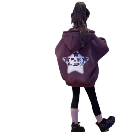 Women's and Children's Korean Style Open Cardigan Top with Letter and Fleece Lining, Trendy Hooded Jacket for  Autumn and Winter