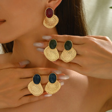 跨境新品简约时尚极简主义几何纹理镶嵌宝石耳环小众高级感百搭女