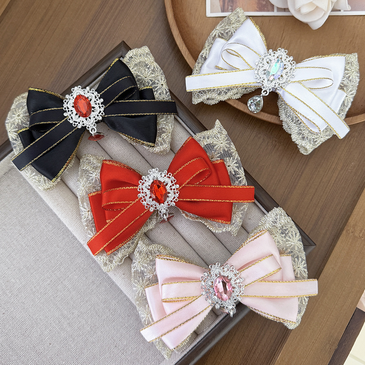 Fashion Palace Feng Shui Rhinestone Gemstone Lace Bow Hairpin Sweet Princess Side Clip Sweet Lolita Hair Accessories