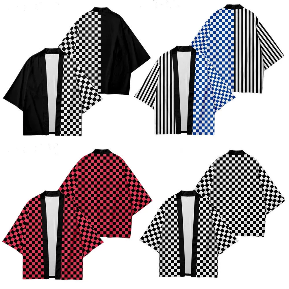 Трансграничные горячие продажи в китайском стиле креативная черно-белая шахматная доска в клетку в полоску кимоно плащ с семью рукавами