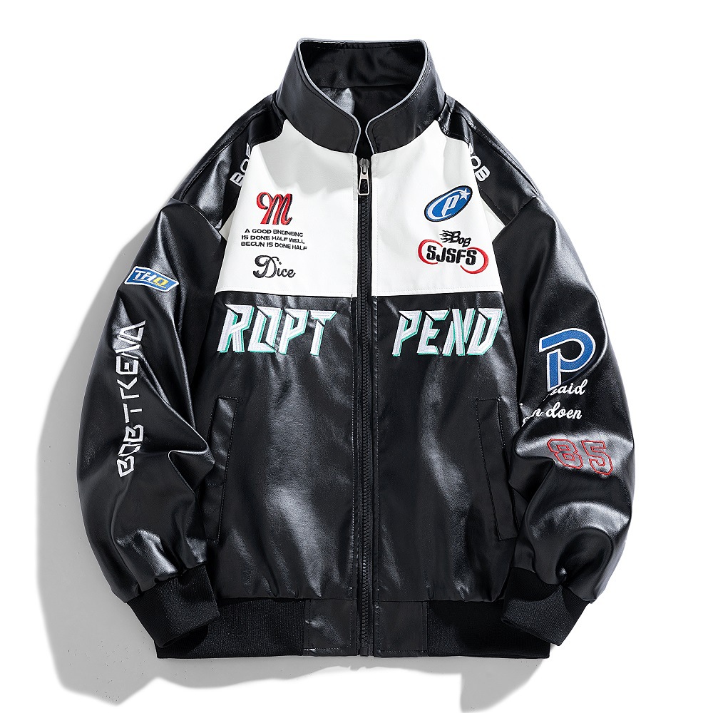 2024 autumn and winter new men's PU leather slim fit jacket, embroidered armband, motorcycle riding suit, trendy_voghion.com