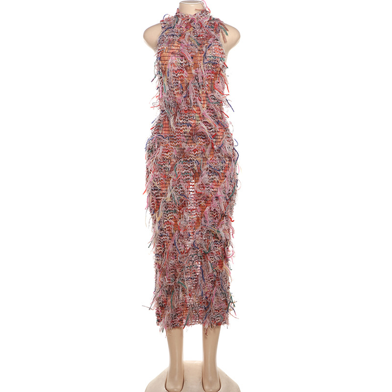 Womens Color Block Fringe Sleeveless Dress Slim Fit High Neck Trendy Style Perfect for Autumn Events Wholesale