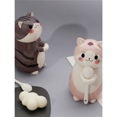 猫マグカップカップルホームかわいいセラミックカップ学生オフィスウォーターカップクリエイティブ朝食カップ蓋スプーン付き