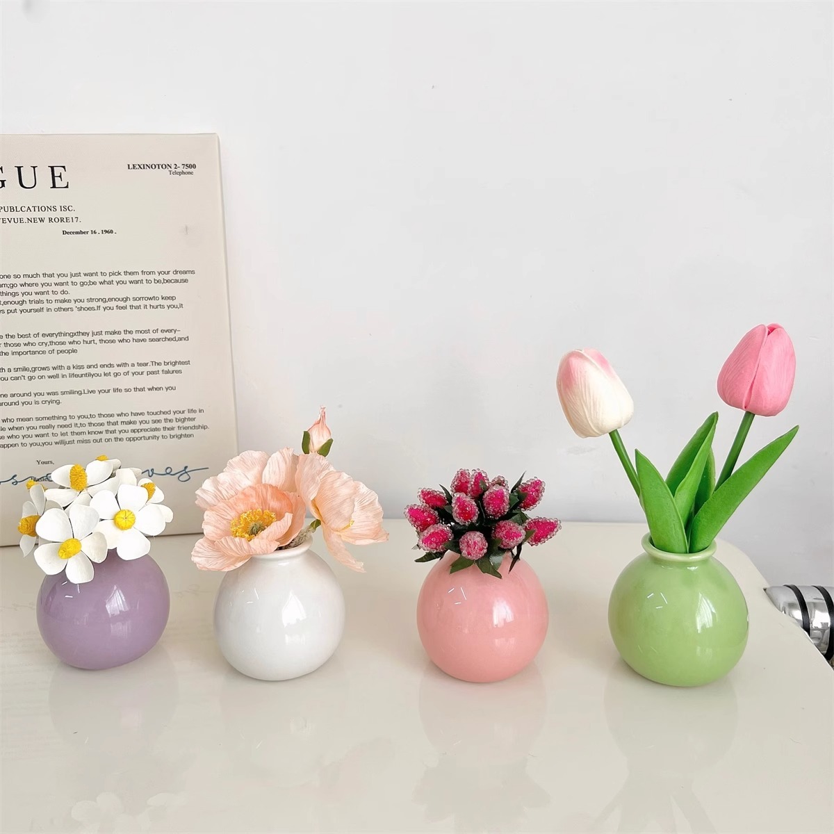 Ins Style Round Small Vase Dried Flowers Fake Flowers Colorfulful Ceramic Bottle Set Bedroom Living Room Decoration Mini Small Ornaments