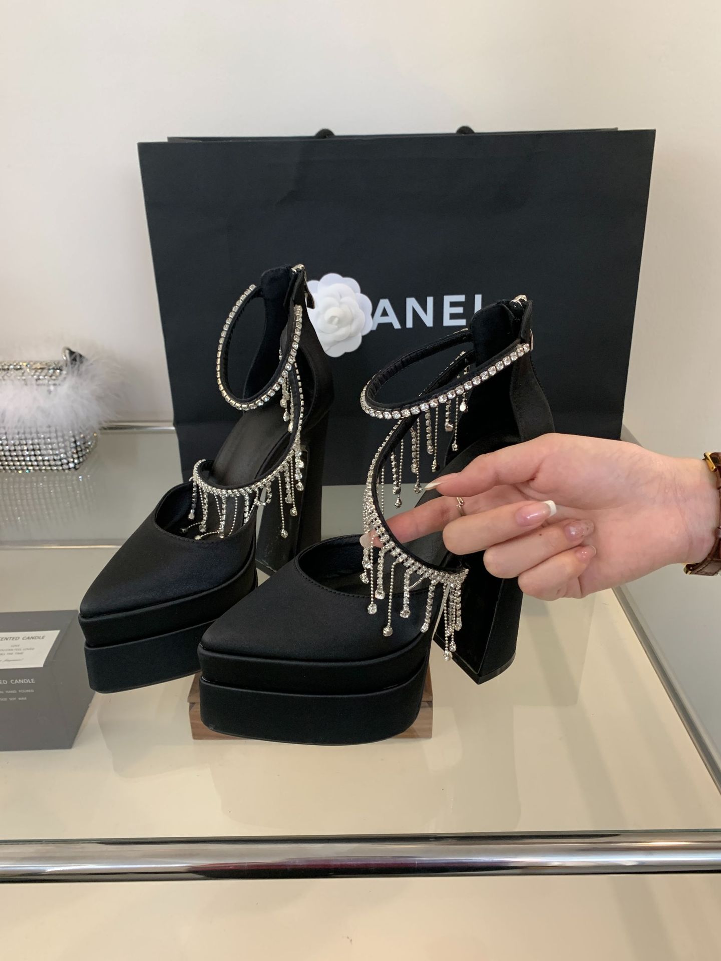 Sandal cao gót mũi nhọn đính đá lấp lánh gót 15 cm — Màu đen chi tiết 5