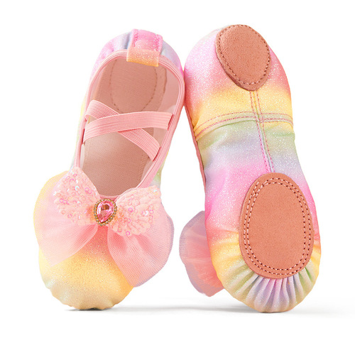 Children's dance shoes Children's rainbow ballet soft sole practice shoes Girls 'China dance performance anti-slip cat claw dance shoes