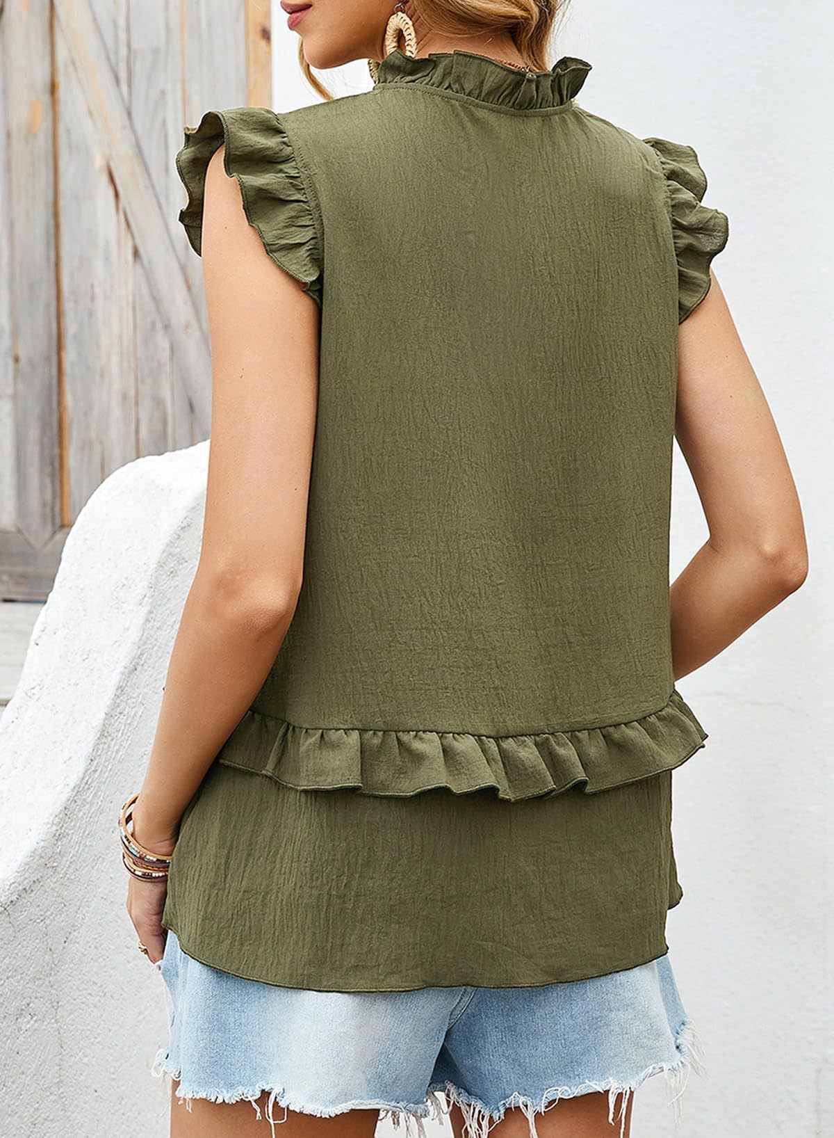 Women's Sleeveless V-Neck Blouse With Ruffle Trim, Flowy Relaxed Fit Casual Shirt For Summer ​Versatile And Easy To Wear_ecoleips.com