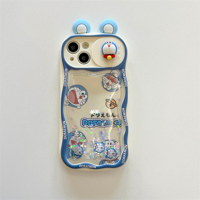 适用苹果15手机壳流沙叮当猫16趣味卡通iPhone11推拉窗立体耳朵14|undefined