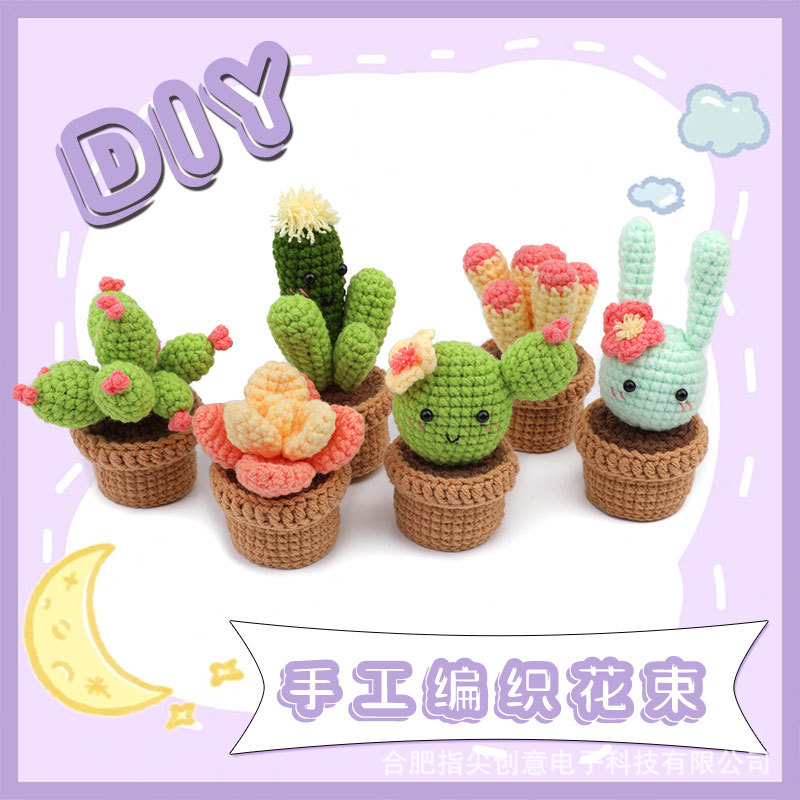 亚马逊新品英文视频初学者手工编织diy钩针材料包仙人掌多肉盆栽