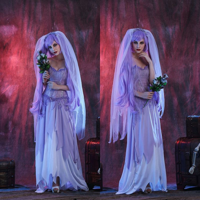万圣节鬼节另类鬼新娘服装 紫色抹胸礼服鬼新娘长裙派对演出服装