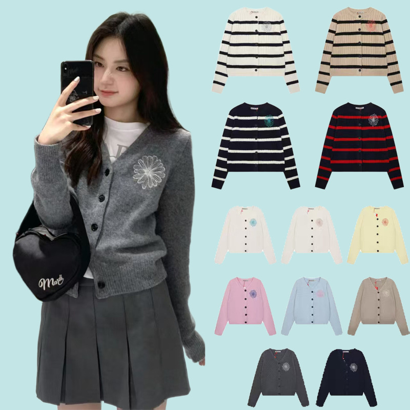Korean Style Daisy Embroidery Sweet Temperament Sweater Women's Autumn and Winter New Striped Round Neck Versatile Knitted Cardigan