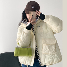 實拍冬季短款格子棉服女韓版學生ins港風2022寬松棉衣外套