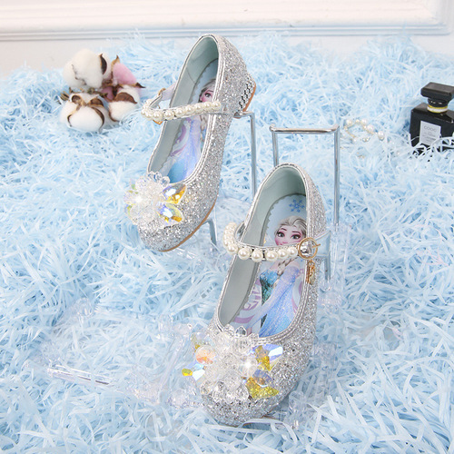 Girls' Leather Shoes  New Style Fashionable and Comfortable Princess Elsa High Heels for Primary and Secondary School Students Performance Children's Crystal Shoes