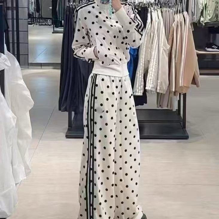 Authentic Version of the Three-Leaf Clover High-Quality Cross-Border Polka Dot Long-Sleeve Jacket with Letter Print Top and Pants Fashion Set