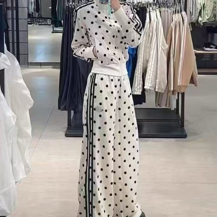 Authentic Version of the Three-Leaf Clover High-Quality Cross-Border Polka Dot Long-Sleeve Jacket with Letter Print Top and Pants Fashion Set