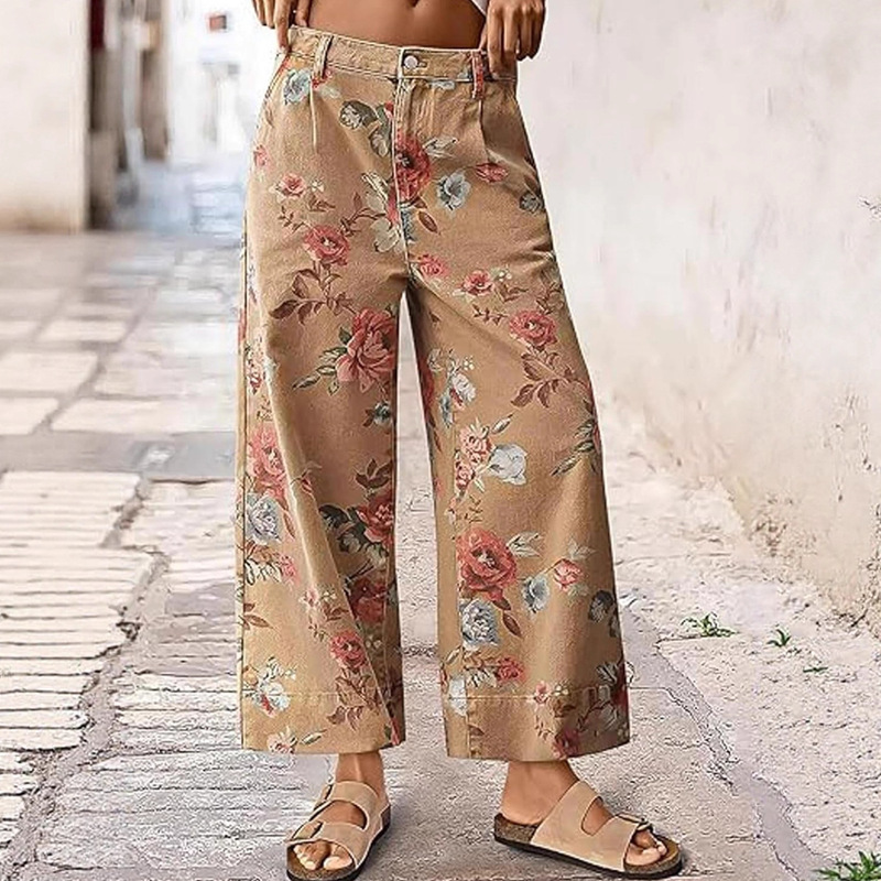 2025 European and American New Style Women's Mid-Waist Wide-Leg Jeans Loose Floral Nine-Point Pants Printed Bohemian Style 2025 European and American New Style Women's Mid-Waist Wide-Leg Jeans Loose Floral Nine-Point Pants Printed Bohemian Style