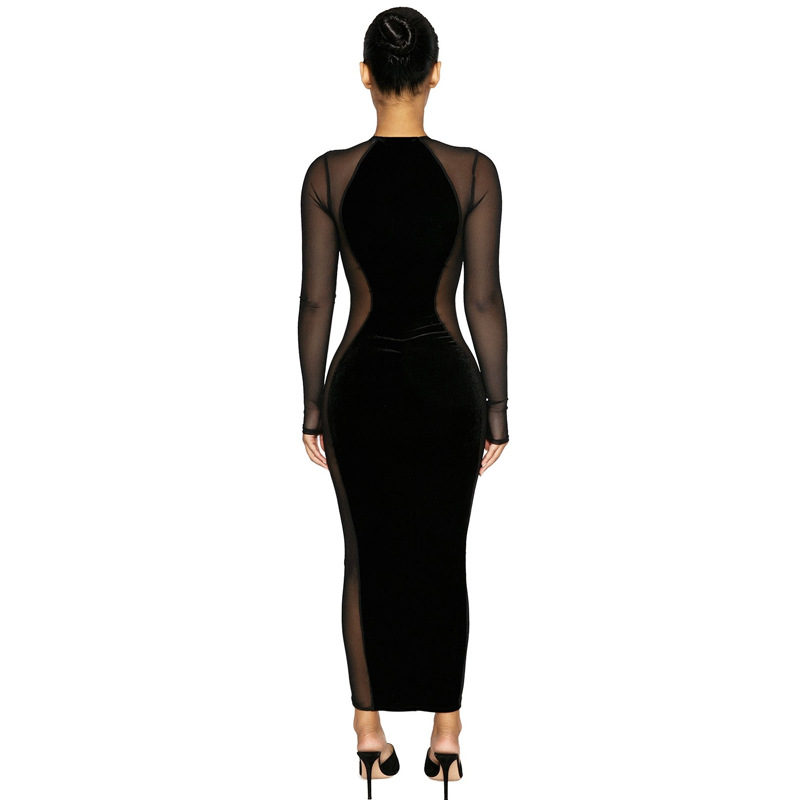 See-Through Mesh Stitching Slim Long-Sleeved Dress NSHTL99680