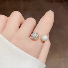 日韩时尚气质轻奢简约圆形锆石珍珠开口戒指复古高级感时尚手饰品