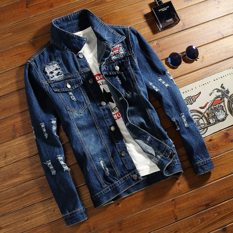 Autumn Ripped Denim Jacket Men's Korean-style Trendy All-match Student Slim-fit Handsome Clothes Men's Youth Jacket