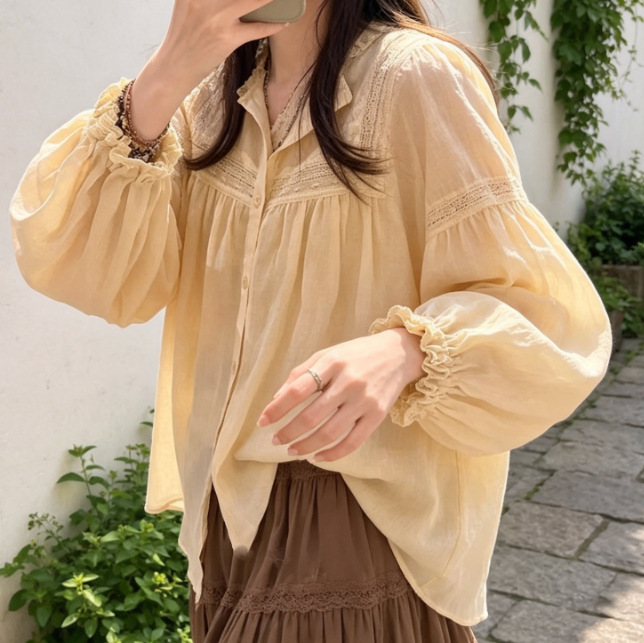 In Stock: Qian Meixi Double-Layer Lace Splicing Cotton-Linen Shirt with Ruffled Cuffs, Breathable Versatile Cardigan Blouse In Stock: Qian Meixi Double-Layer Lace Splicing Cotton-Linen Shirt with Ruffled Cuffs, Breathable Versatile Cardigan Blouse