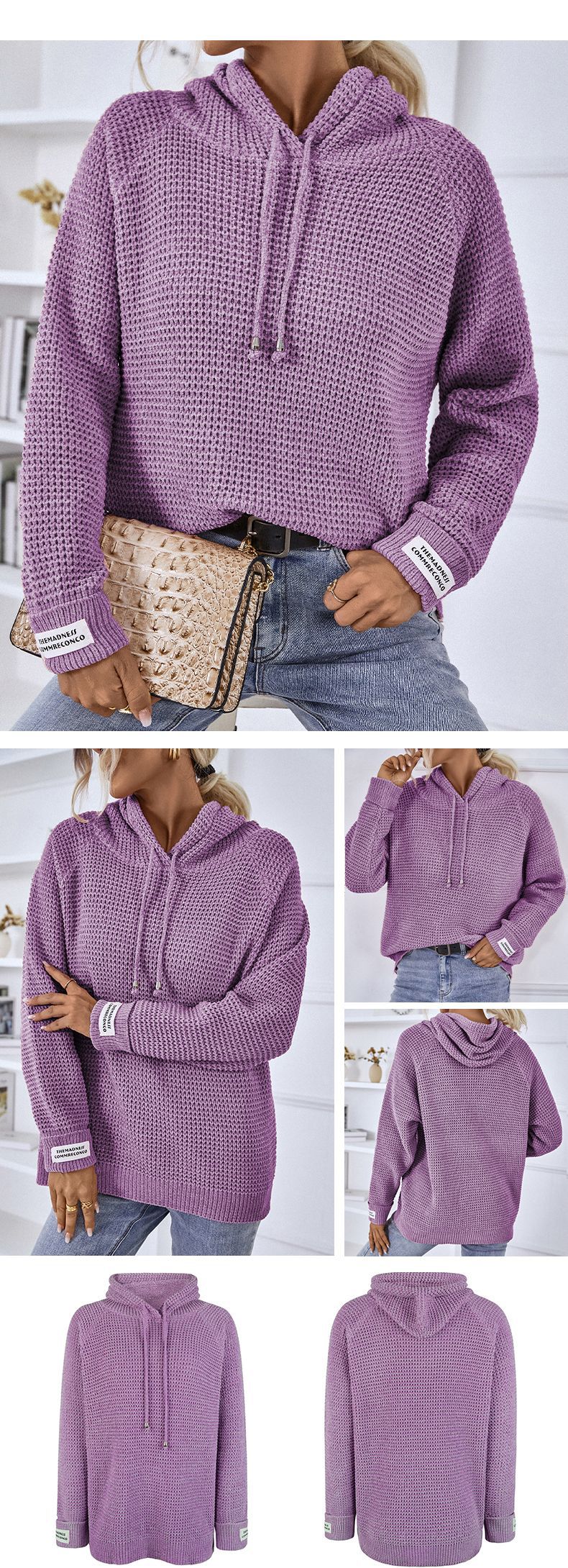 solid color knitted drawstring long sleeve hoodie NSMMY138340