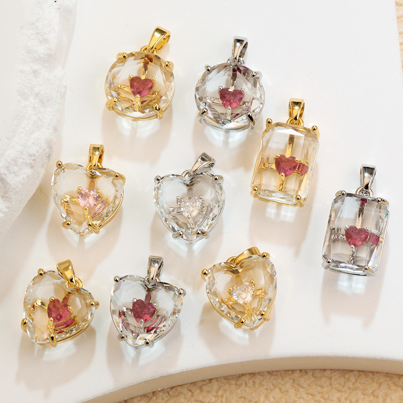 New Copper Thick Gold-Plated Real Gold-Filled Colored Diamond Transparent Heart Pendant DIY Jewelry Accessories Wholesale