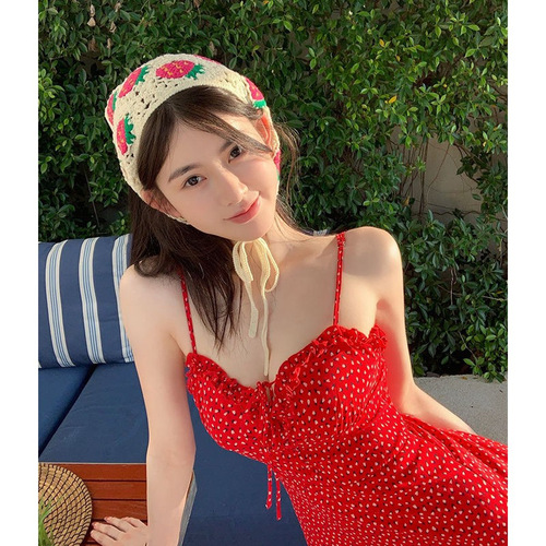 Summer Hot Girl Red Floral Print Bodycon Tank Dress for Women V-Neck Drawstring Slimming Waist A-Line Short Skirt