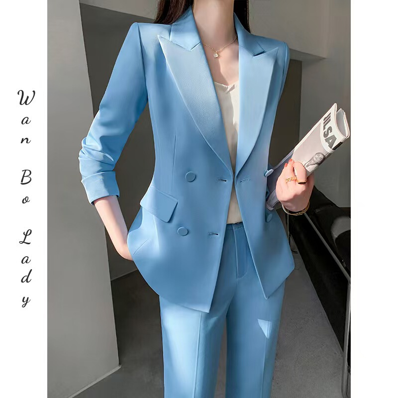 Light Blue Blazer for Women 2026 Korean Style Elegant Commuter Waist-Cinching Two-Piece Suit with Trousers for Women Cross-Border Customization