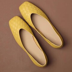 【现货】柠檬黄色浅口方头法式温柔羊皮平底编织单鞋女夏款软皮底