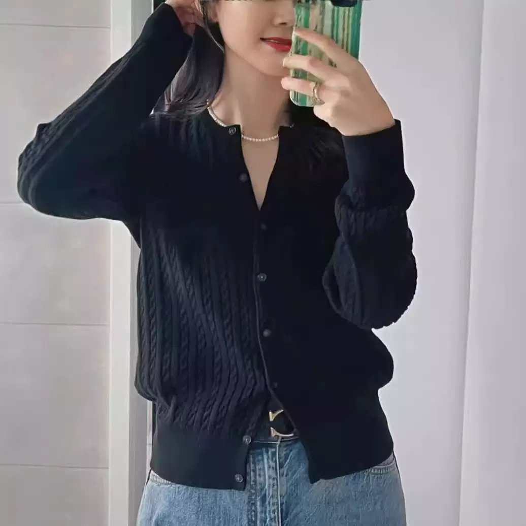 赵露思同款RL拉夫小马标刺绣针织开衫女百搭圆领麻花毛衣外套上衣
