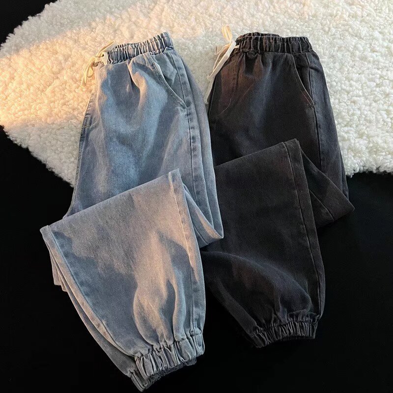 Elastic Waist Men's Jeans Spring Korean Style Trendy Japanese Loose Straight-Leg Jogger Harem Cropped Casual Pants