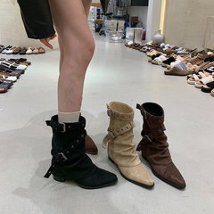 美式辣妹皮带扣裤管靴短筒靴女靴2025早秋新款小众设计短靴西部靴