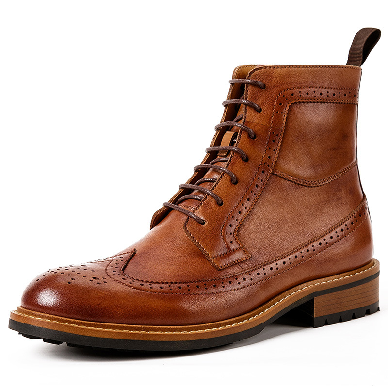 2025 Autumn/Winter Genuine Leather British Retro Brogue Martin Boots for Men, Cowhide Round Toe High-Top Motorcycle Boots for Men