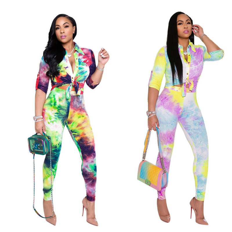 H168 European and American autumn and winter explosions tie-dye printing long sleeve trousers women's casual sports shirt suit