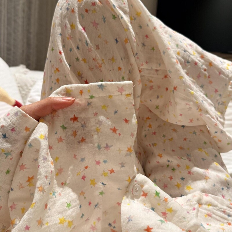Colorful Little Stars All-Cotton Double-Layer Gauze Spring and Summer New Long-Sleeved Long-Pants Pajama Set Home Wear That Can Be Worn Outside Colorful Little Stars All-Cotton Double-Layer Gauze Spring and Summer New Long-Sleeved Long-Pants Pajama Set Home Wear That Can Be Worn Outside