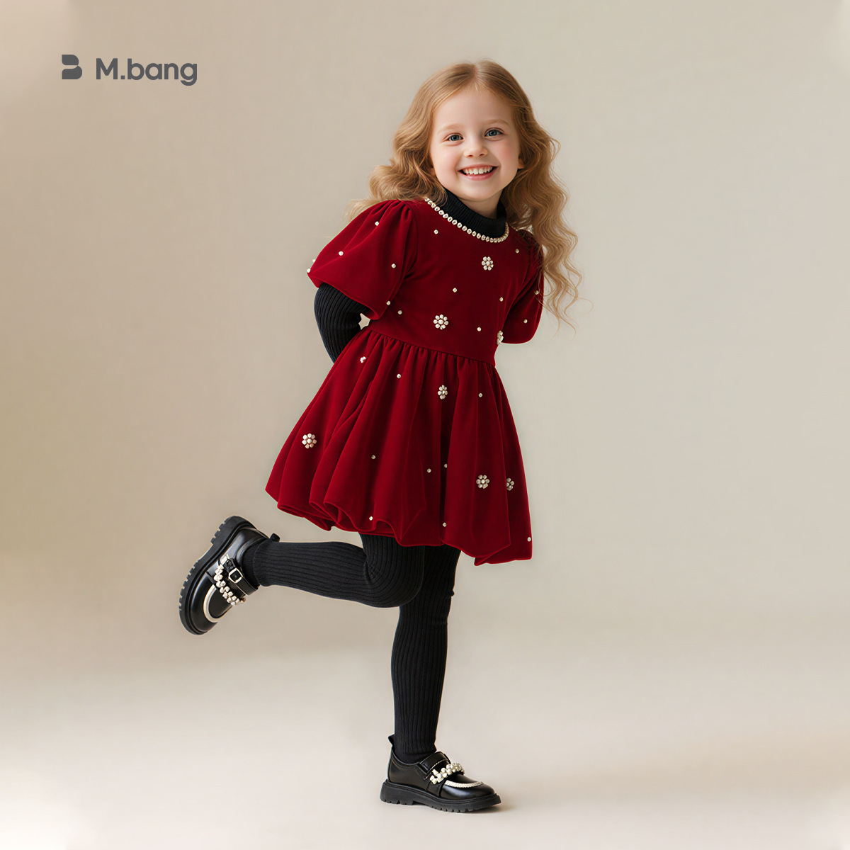 邦选秋冬季儿童裙子红色年服泡泡袖两件套公主裙女童连衣裙套装