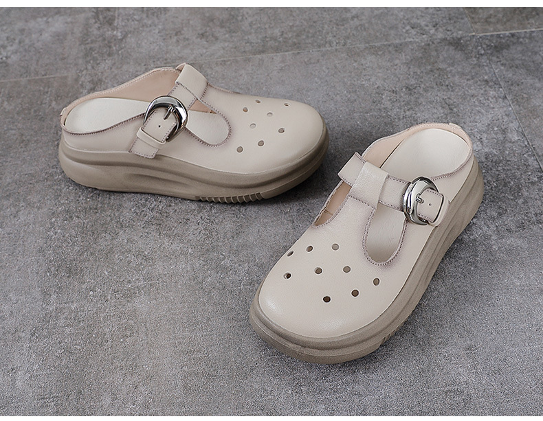 Dép xỏ ngón nữ da bò đế dày phong cách Birkenstock — màu be chi tiết 11
