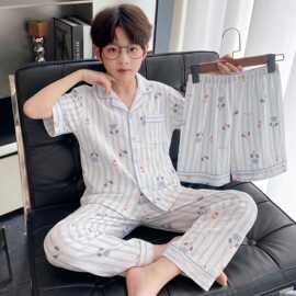 ins清新男童家居服套装儿童翻领开扣短袖长裤睡衣夏季皱感居家服